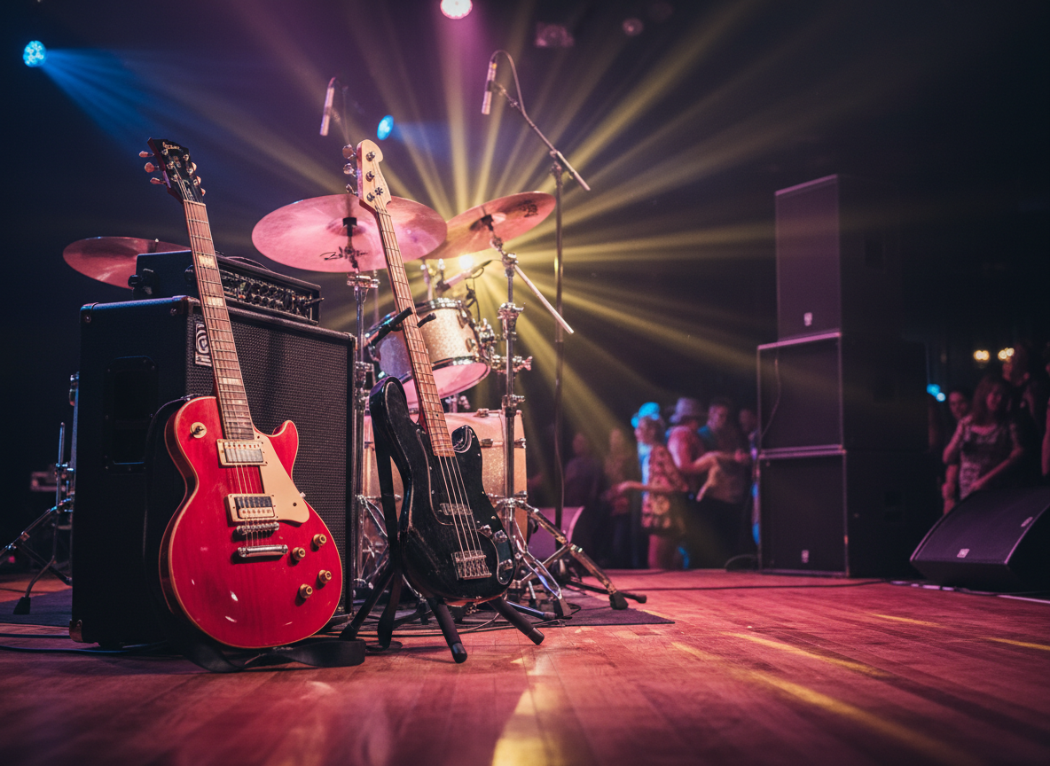 A gleaming set of musical instruments arranged as if mid-performance on a small Greenville, SC venue stage, captured in vivid photographic realism. A cherry-red electric guitar with a worn pickguard leans on a black amp, a bass with chrome hardware rests on a stand, and a drum kit with polished cymbals catches the light. Colorful stage lights in magenta, blue, and gold wash over the instruments, casting dramatic reflections on the glossy wooden floor. The background shows blurred speaker stacks and abstract shapes suggesting a lively crowd, without any visible people. Shot from a low, slightly angled perspective, with shallow depth of field to emphasize the instruments and convey an energetic, playful cover band vibe.