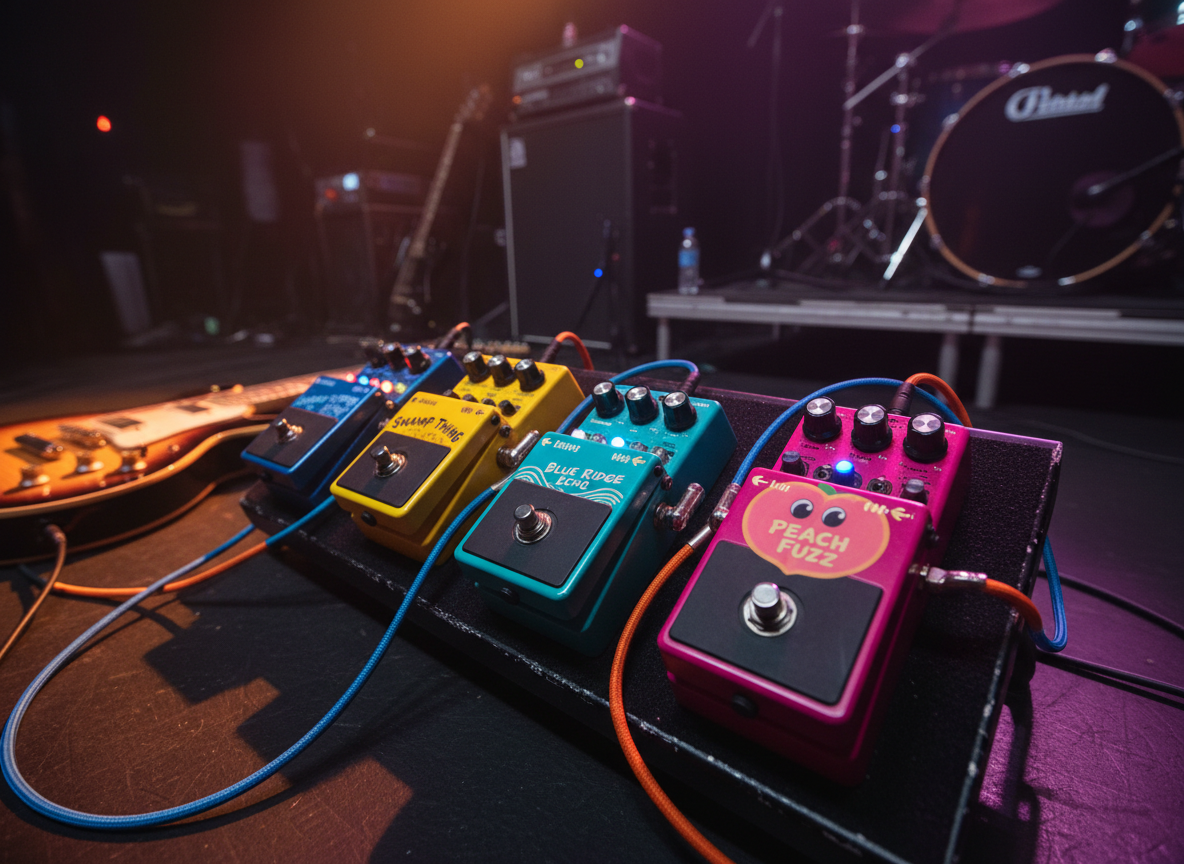 A dramatic, photographic overhead shot of a guitarist’s pedalboard on a Greenville, SC stage, designed to evoke the playful personality of a local cover band. Various brightly colored effects pedals with textured metal surfaces and illuminated footswitch LEDs are neatly arranged on a worn black pedalboard, surrounded by coiled instrument cables and a partially visible electric guitar body with a glossy finish. Warm amber and cool purple stage lights graze across the scene, casting long, angular shadows and creating reflections on metal knobs. The camera angle is slightly tilted for a dynamic feel, with sharp detail on the pedals and subtle background blur hinting at amplifiers and drum hardware. The atmosphere is energetic and creative, capturing the essence of live performance and sound experimentation.