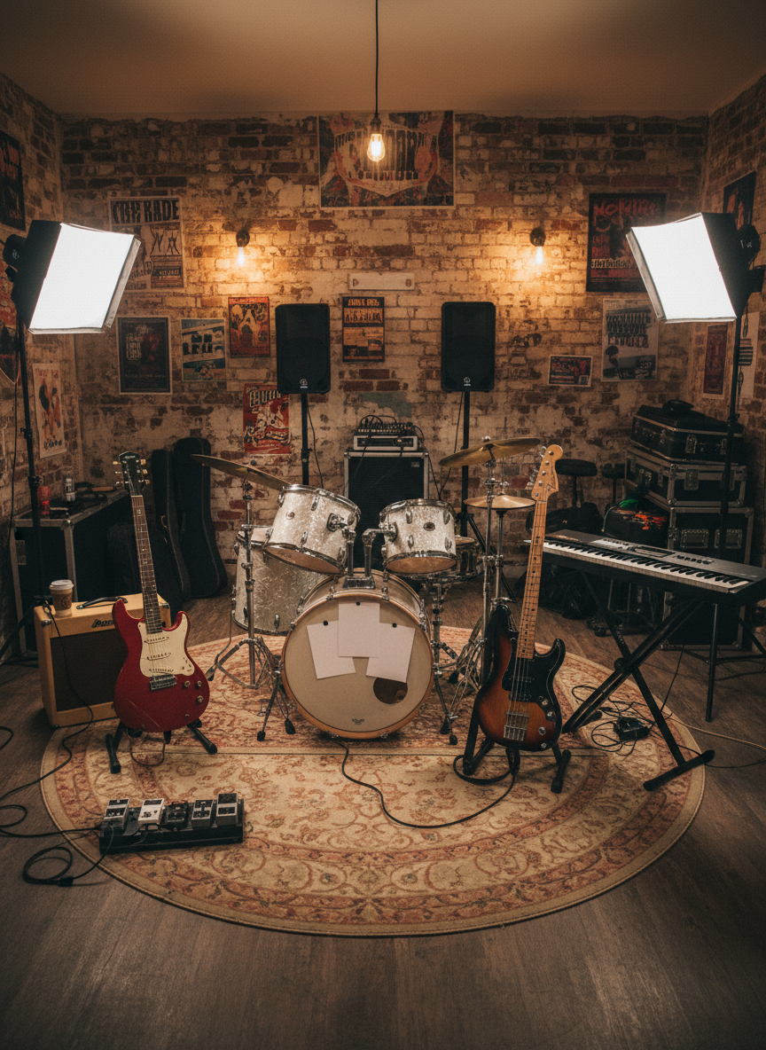 A photographic, behind-the-scenes view of a Greenville, SC rehearsal space for a local cover band, styled to feel inviting and playful. A drum kit, electric guitar, bass, and compact keyboard are arranged in a semi-circle on a slightly worn rug, surrounded by small amps and a portable PA system. Handwritten setlist pages are suggested as abstract white rectangles on a nearby amp, avoiding any legible text. Warm studio lamps and a single exposed bulb cast cozy, golden light, creating soft shadows on the textured walls and instrument cases stacked in the corner. Shot from an eye-level, slightly wide-angle perspective, the composition emphasizes collaboration, creativity, and the energetic preparation that fuels live performances.