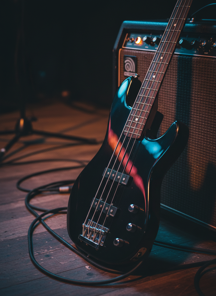 A close, photographic detail shot of a sleek black bass guitar leaning against a vintage-style amp on a Greenville, SC stage, embodying the groove of a local cover band. The bass’s glossy finish reflects bands of colorful stage light—electric blue, neon pink, and warm amber—while its chrome bridge and tuning pegs sparkle with pinpoint highlights. Just behind, the textured amp grille and glowing indicator light suggest rich, powerful sound. Coiled cables loop loosely on the worn wooden floor, and a shadow of a microphone stand stretches across the scene, implying an about-to-start show without showing any people. Captured at a slightly low angle with shallow depth of field, the mood is cool, confident, and playfully rhythmic.