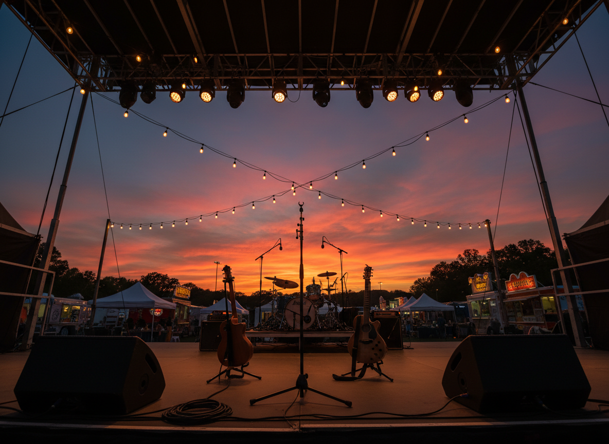 A vivid, photographic scene of a Greenville, SC outdoor music festival stage at dusk, set up for a playful local cover band performance. Empty mic stands and sturdy speaker towers flank a drum kit and pair of guitars resting in stands, all silhouetted against a deepening sky painted in rich oranges and indigos. String lights drape above the stage, casting warm, twinkling highlights on metal hardware and polished instrument finishes. The foreground shows neatly coiled cables and monitor wedges angled toward the unseen band, while blurred tents and food trucks glow in the background. Shot from a low, wide-angle perspective, the composition uses leading lines from the stage edges and truss to create a vibrant, anticipatory mood of community and live music energy.