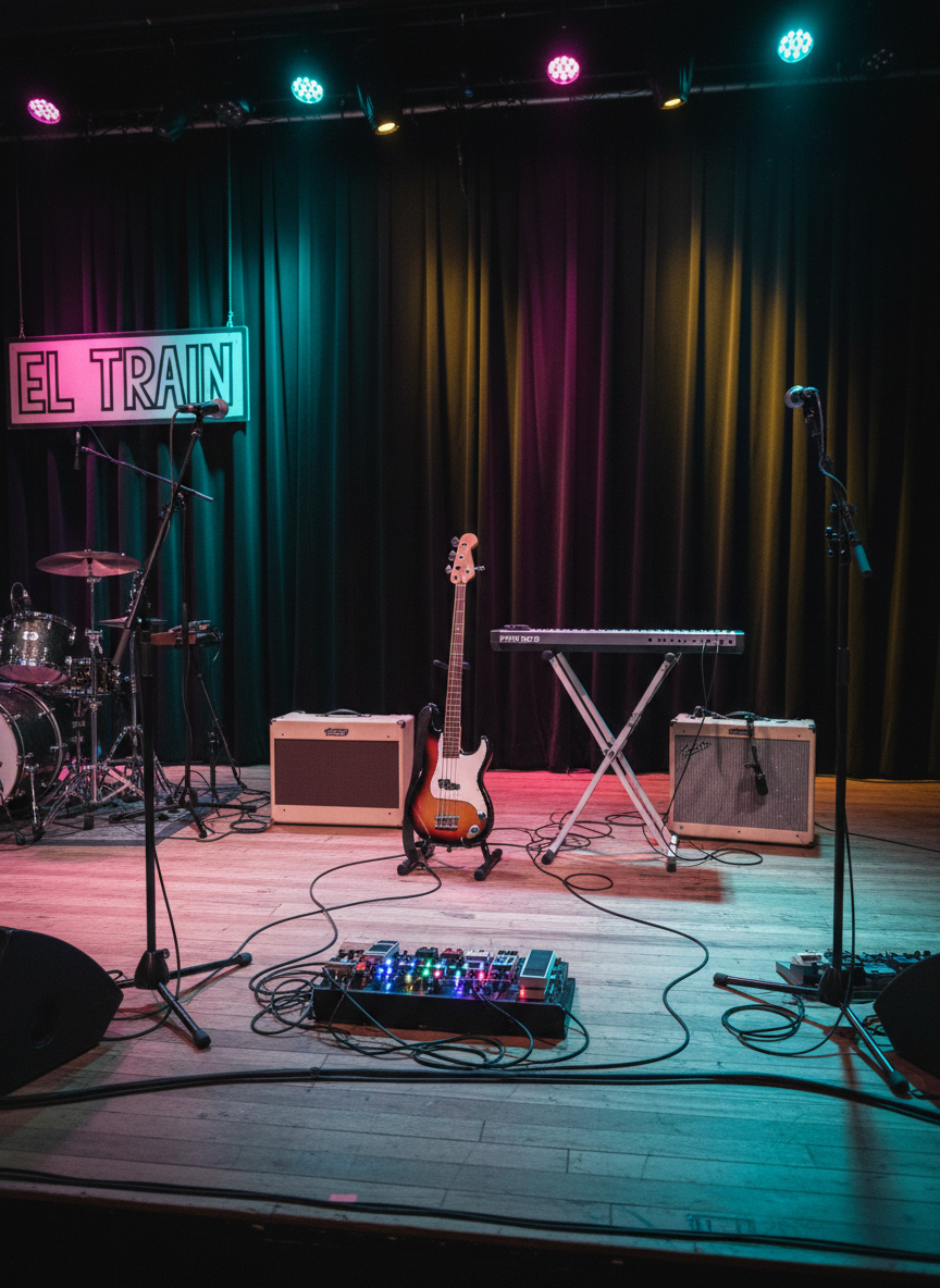 A wide, photographic shot of a Greenville, SC music venue stage set up for a local cover band called El Train, captured moments before the show. Multiple microphone stands and instrument cables crisscross the scuffed wooden floor, leading toward a pair of stylish guitar amps and a glowing pedalboard sprinkled with colorful LED lights. A bass rests on a stand near a sleek keyboard on a folding stand, while vibrant stage wash lights project playful teal, magenta, and gold hues onto a dark curtain backdrop. No people are visible; only gear and light suggest the band’s presence. The composition is centered with deep focus, conveying anticipation, excitement, and small-town concert charm.