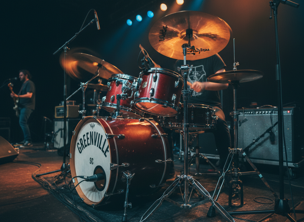 A dynamic close-up of a drum kit onstage in Greenville, SC, photographed as if during a high-energy cover band performance. The chrome rims and tension rods gleam under bold, saturated stage lighting, with vivid blues and warm ambers creating colorful reflections across the lacquered drum shells. Cymbals are frozen in motion blur, suggesting powerful hits without showing any drummer. In the background, out-of-focus guitar amps, microphone stands, and cable snaking across the stage floor evoke a packed local venue. Shot from a low angle beside the floor tom, with a shallow depth of field and crisp details on drum textures. The mood is playful and electric, emphasizing rhythm, energy, and the live-show atmosphere.